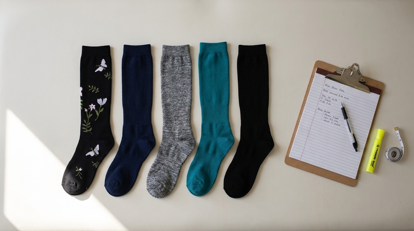 A lineup of five compression socks with clipboard and measuring tape