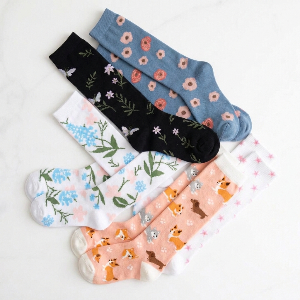 Evirelle compression socks for nurses in soft patterns, flat lay