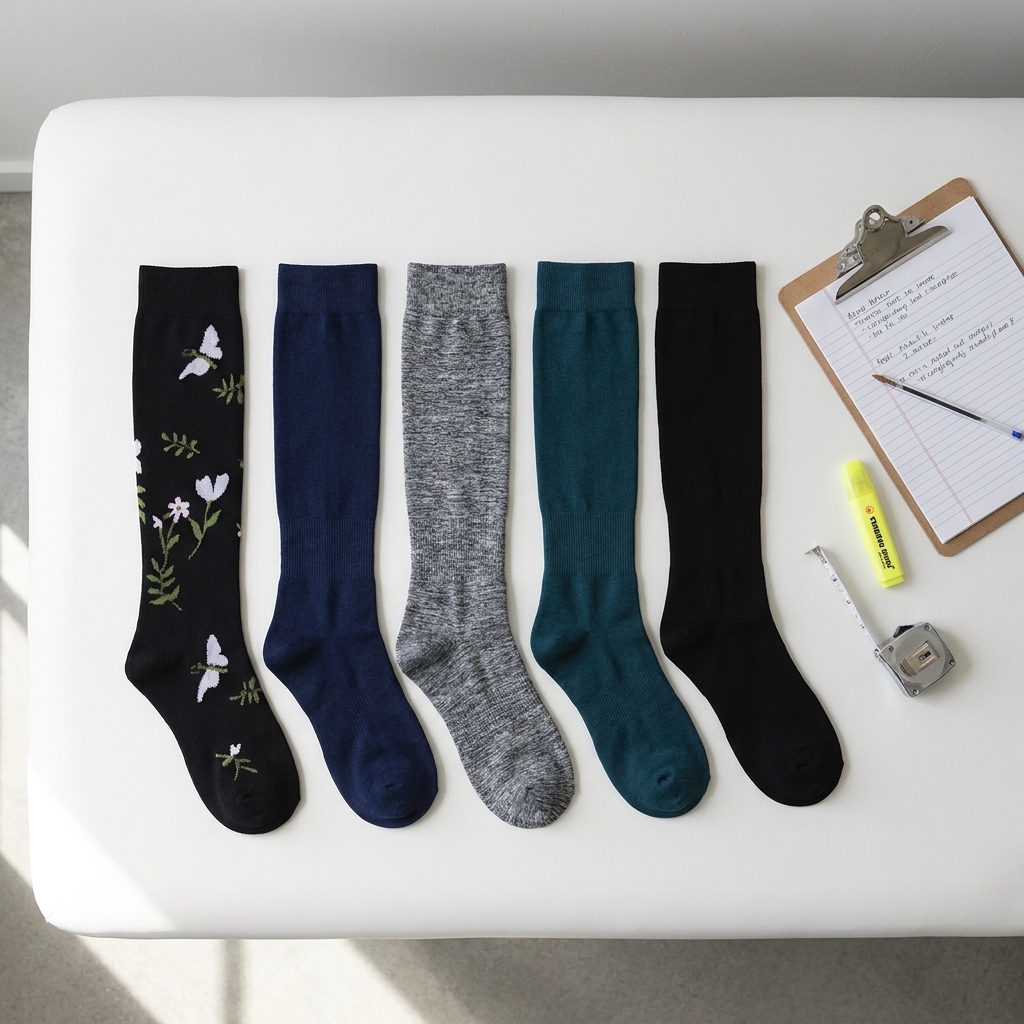 A lineup of five compression socks with nurse scrubs, stethoscope, and clipboard